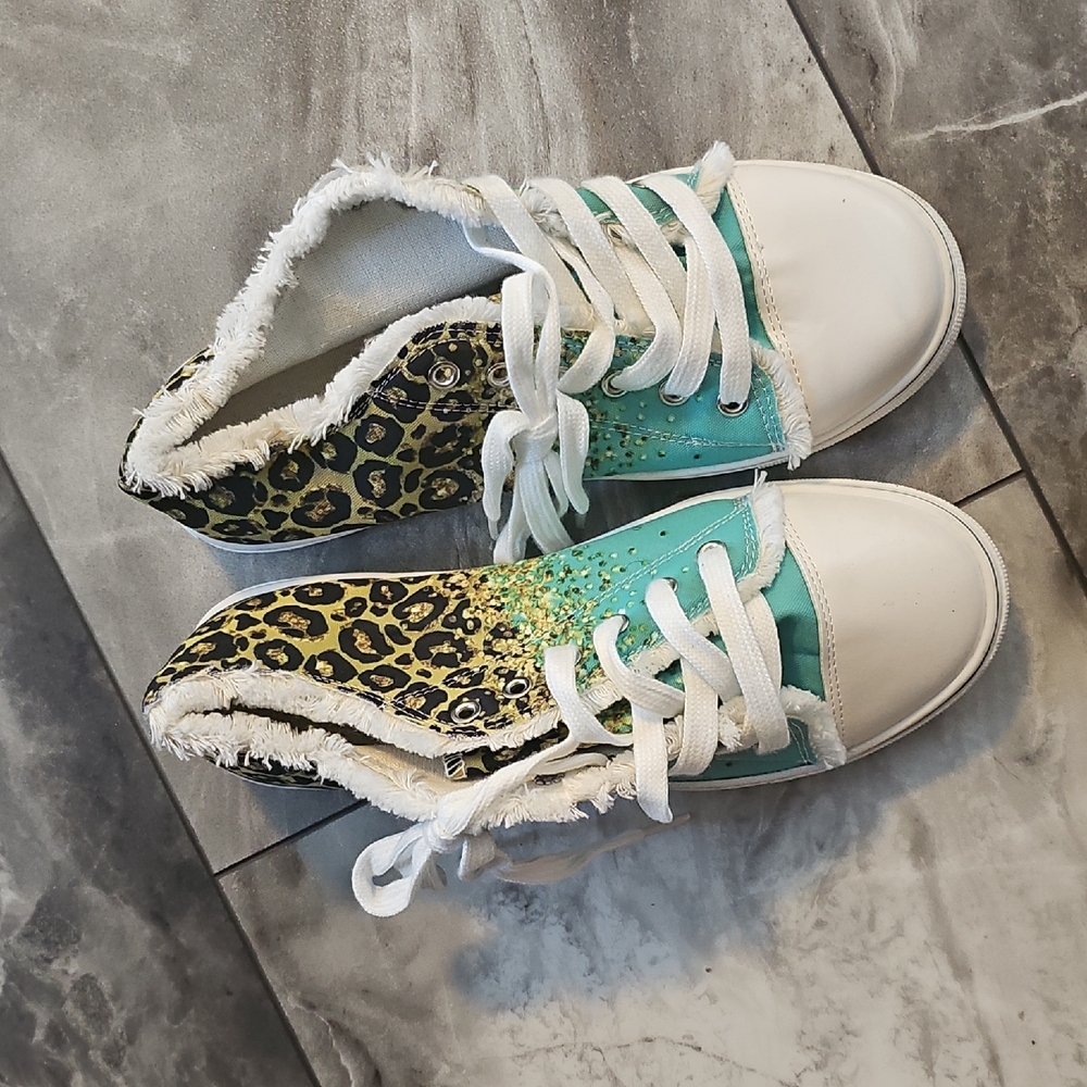 Kids Leopard and Teal High-Top Sneakers